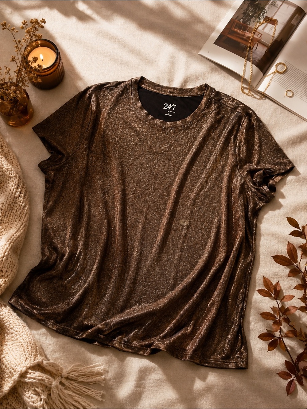 Maurices 24/7 Metallic Shimmer Top 3X Chocolate Brown Gold Short Sleeve